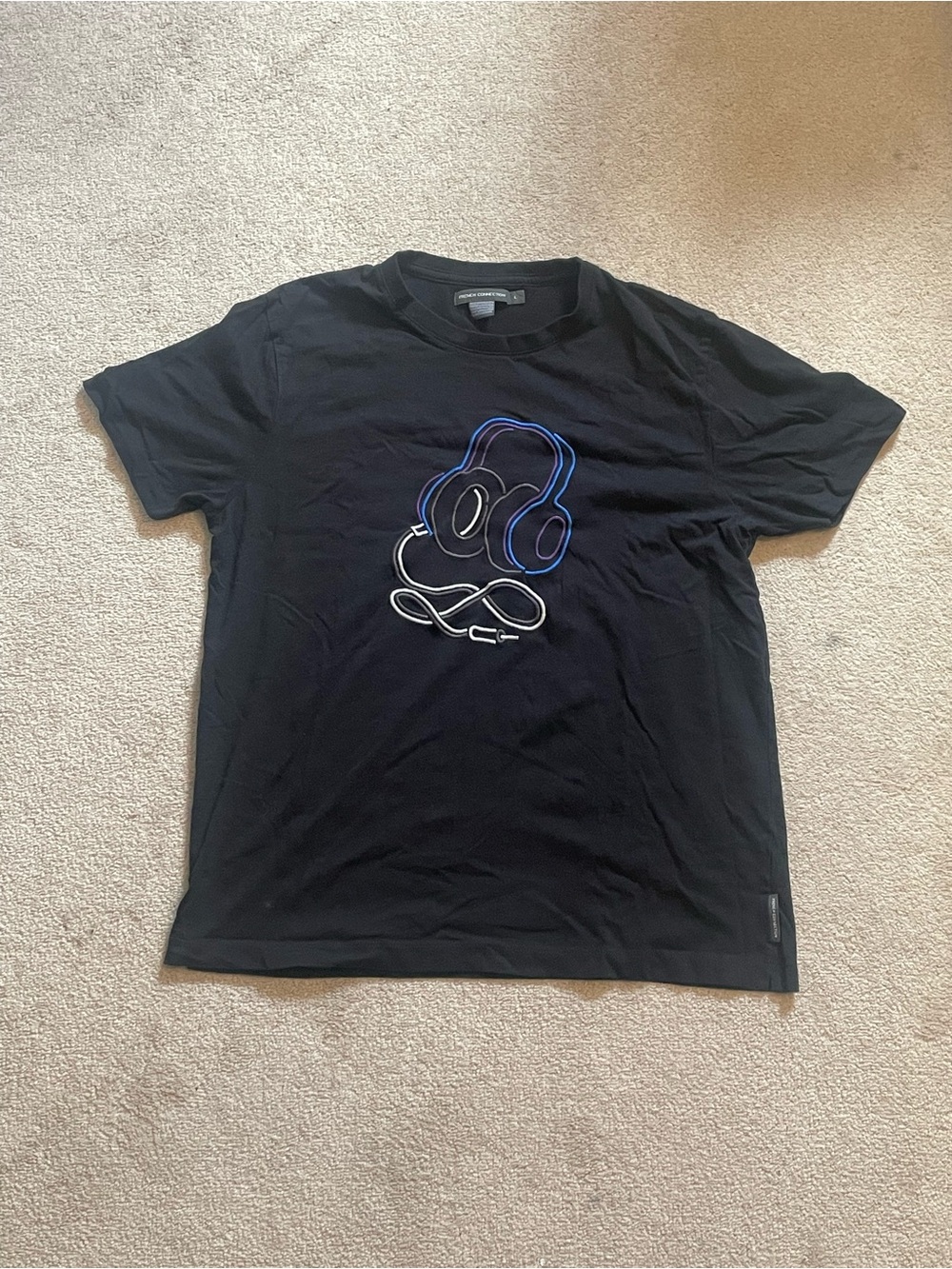French connection men’s black t-shirt with headphones graphic on it